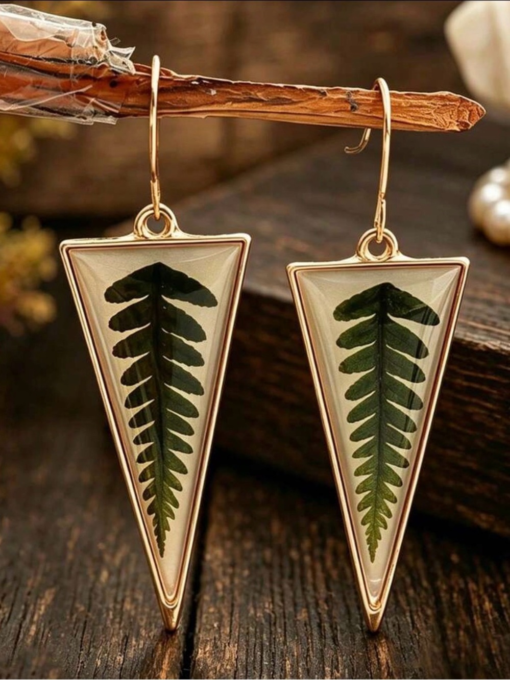 Green Leaf Triangle Drop Earrings with Gold Trim - Fashion Jewelry